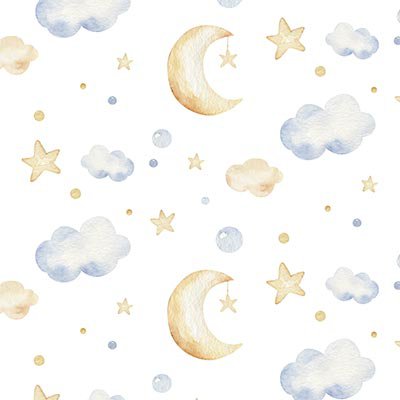 Watercolor clouds, moons and stars
