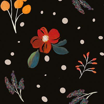 Hand painted flowers and dots on black