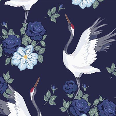 Blue flowers and cranes