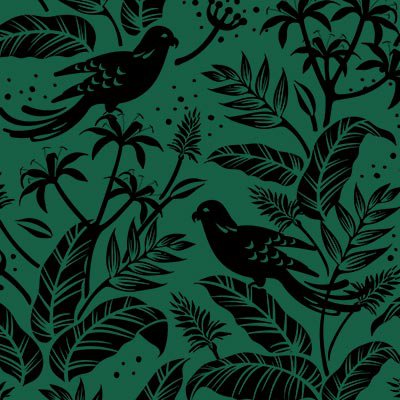 Abstract black tropical birds and plants
