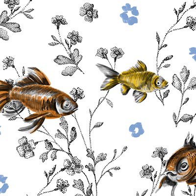 Fishes and abstract flowers